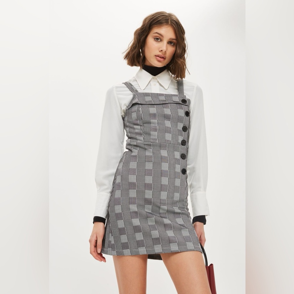 NWT TOPSHOP PETITE Button Check Pinafore Mini Dress New Glen Plaid Houndstooth🏘️